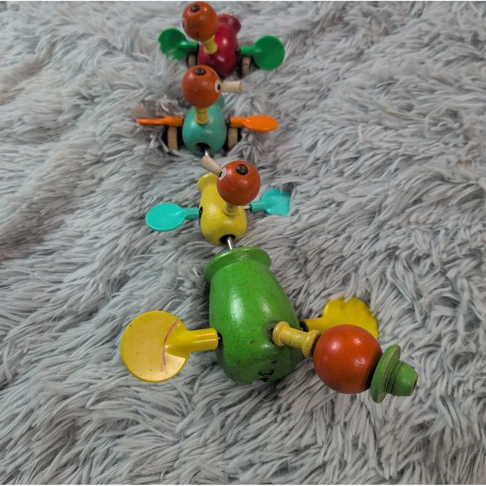 Lot Of 2 Vintage 1956 Fisher-Price Wooden Pull Toy Duck Family School Bus